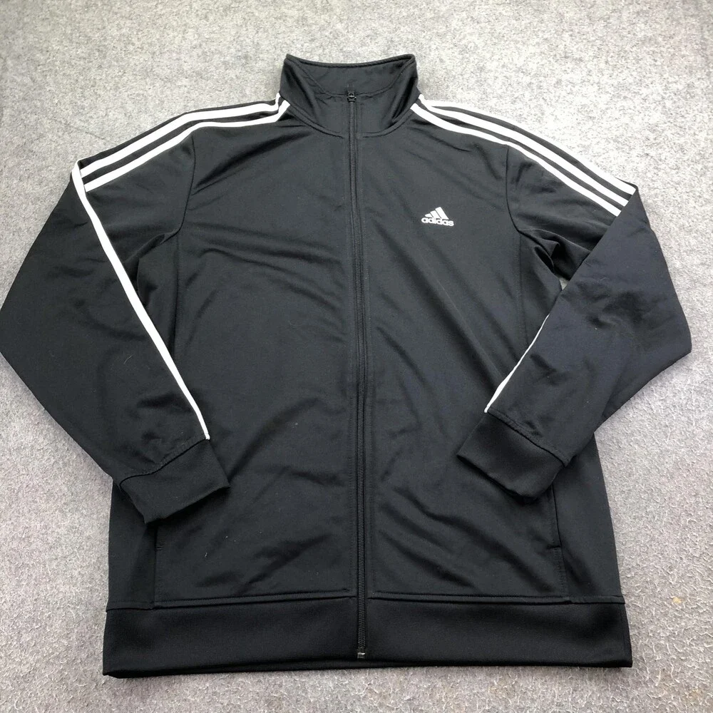 Adidas Jacket Mens Large Black Full Zip Track 3 Stripe Soccer Training Athletic